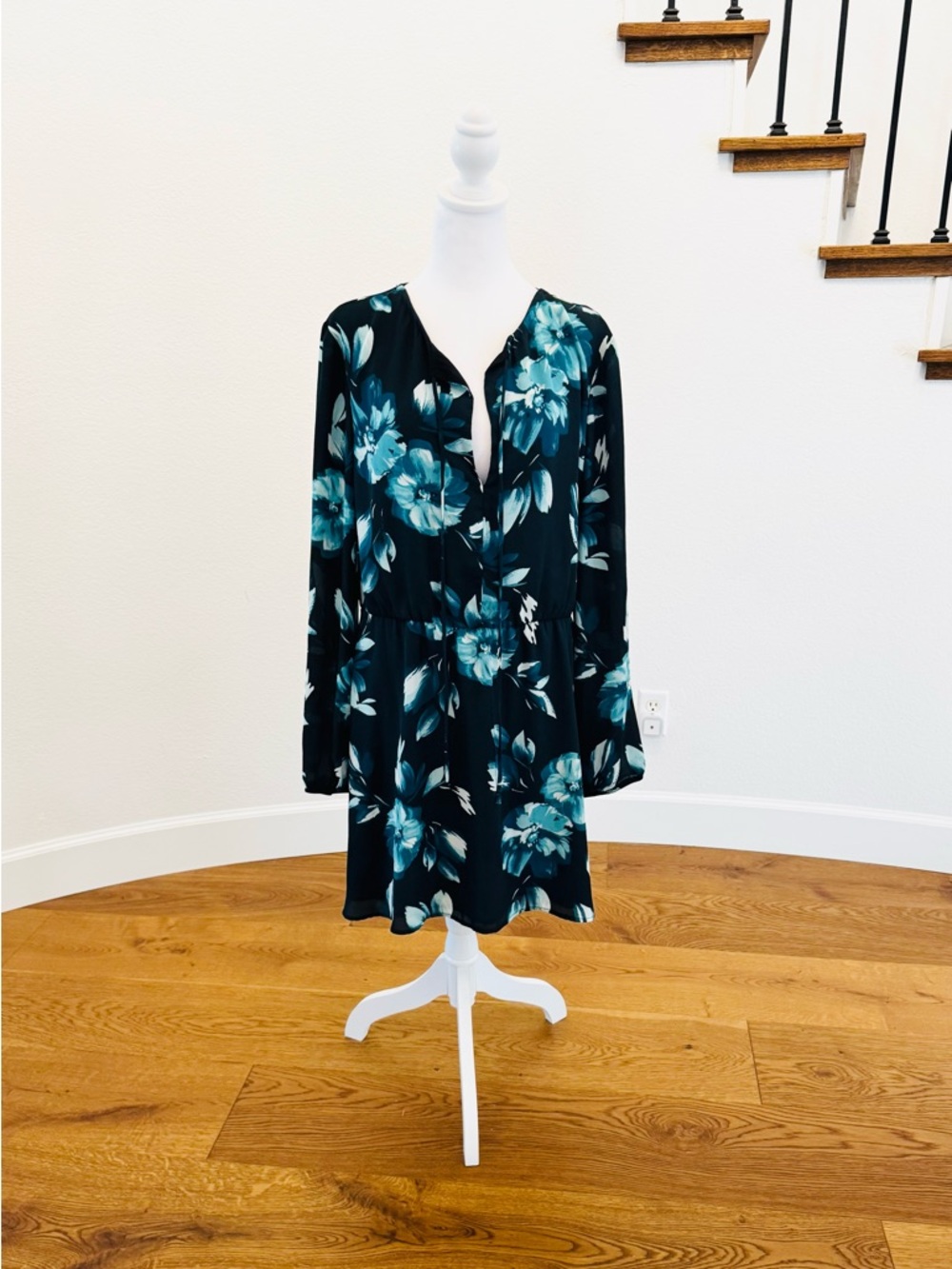 Charles Henry Black and Teal Floral Long Sleeve Shift Tunic Dress - Size XL